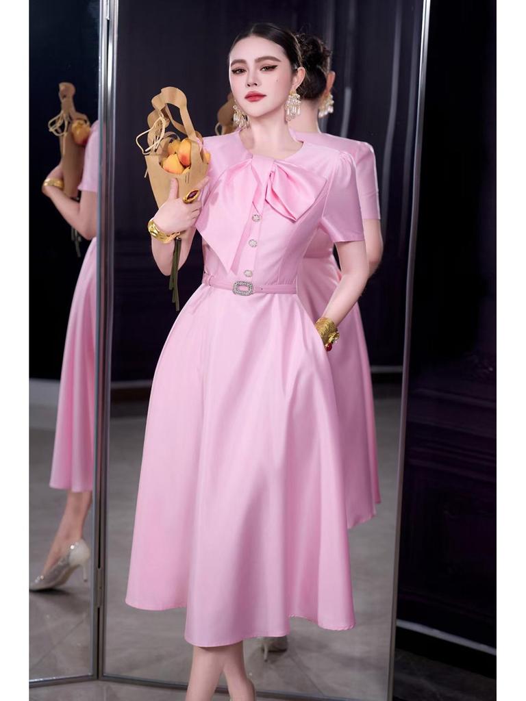 2026 French Spring/Summer Women's Retro Romantic Bowknot Short Sleeve Dress