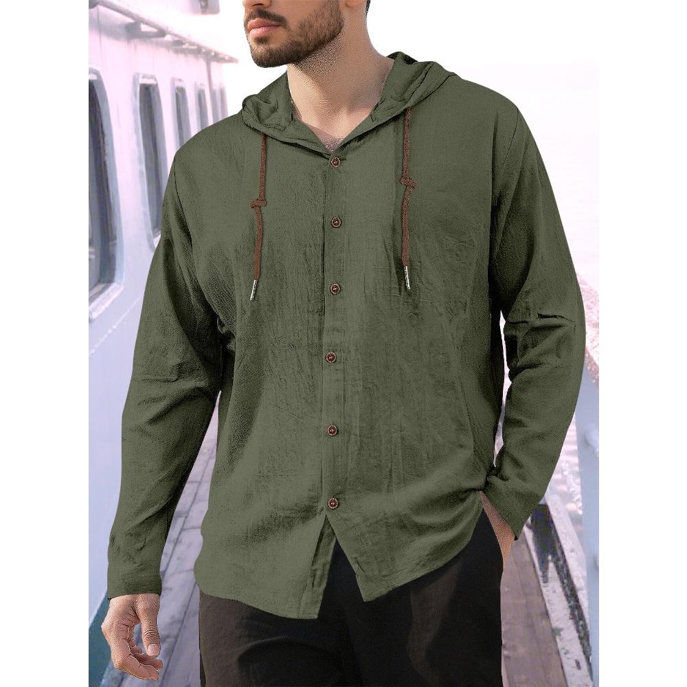 New Spring/Summer Men's Hooded T-Shirt Solid-Colour Cotton-Linen Blend Men's Casual Long-Sleeved Top