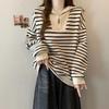 Women's Fleece-Lined Striped Half-Zip Polo Hoodie, Korean & Hong Kong Style, Loose Fit, Retro Chic, Perfect for Autumn & Winter