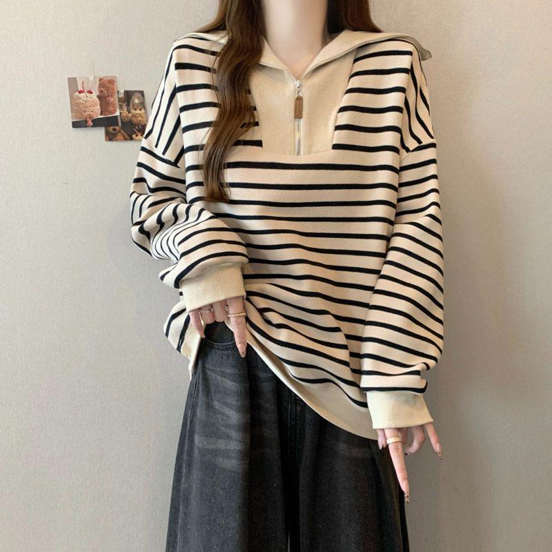 Women's Fleece-Lined Striped Half-Zip Polo Hoodie, Korean & Hong Kong Style, Loose Fit, Retro Chic, Perfect for Autumn & Winter