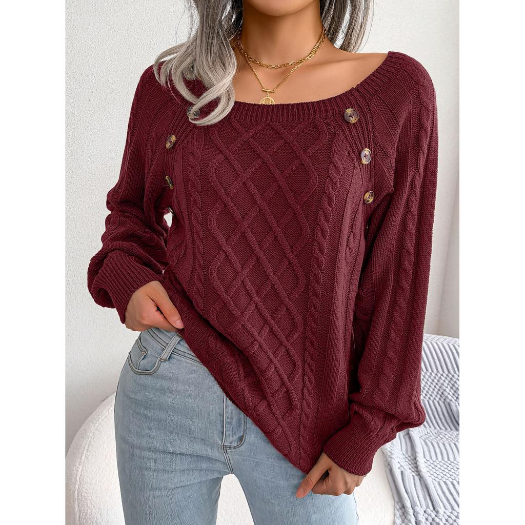 Women Casual Square Collar Buttons Long Sleeve Knitted Pullovers And Sweaters Plus Size