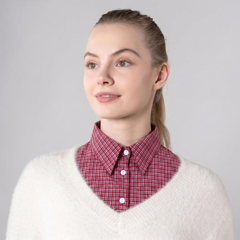 Check Pattern Detachable Faux Collar Shirt Collar Insert for Sweatshirt Layering with Pointed Collar and Front Style