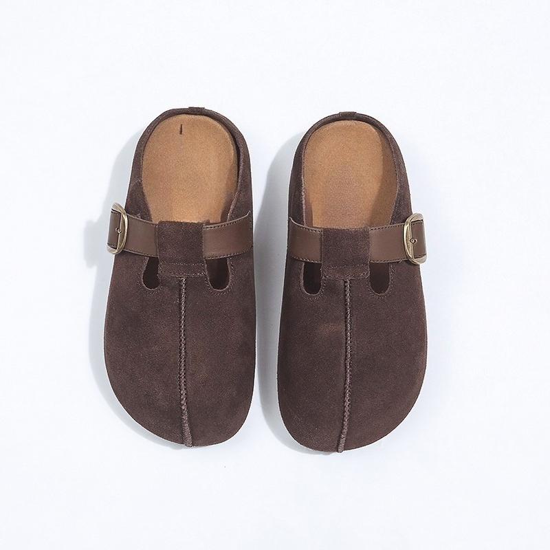 Fashion Inside Heightened Flat Slippers Autumn New Round Toe Mid Buckle Suede One Slip Soft Sole Non-Slip Half Slip