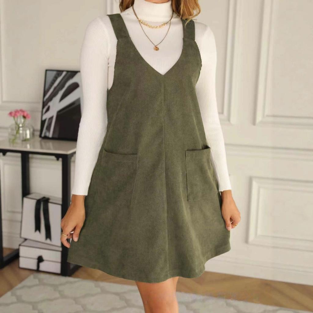 2026 New Popular Fashion Commuting Casual and Thin V-neck Pocket Net Color Corduroy Strap Skirt Women's Clothing