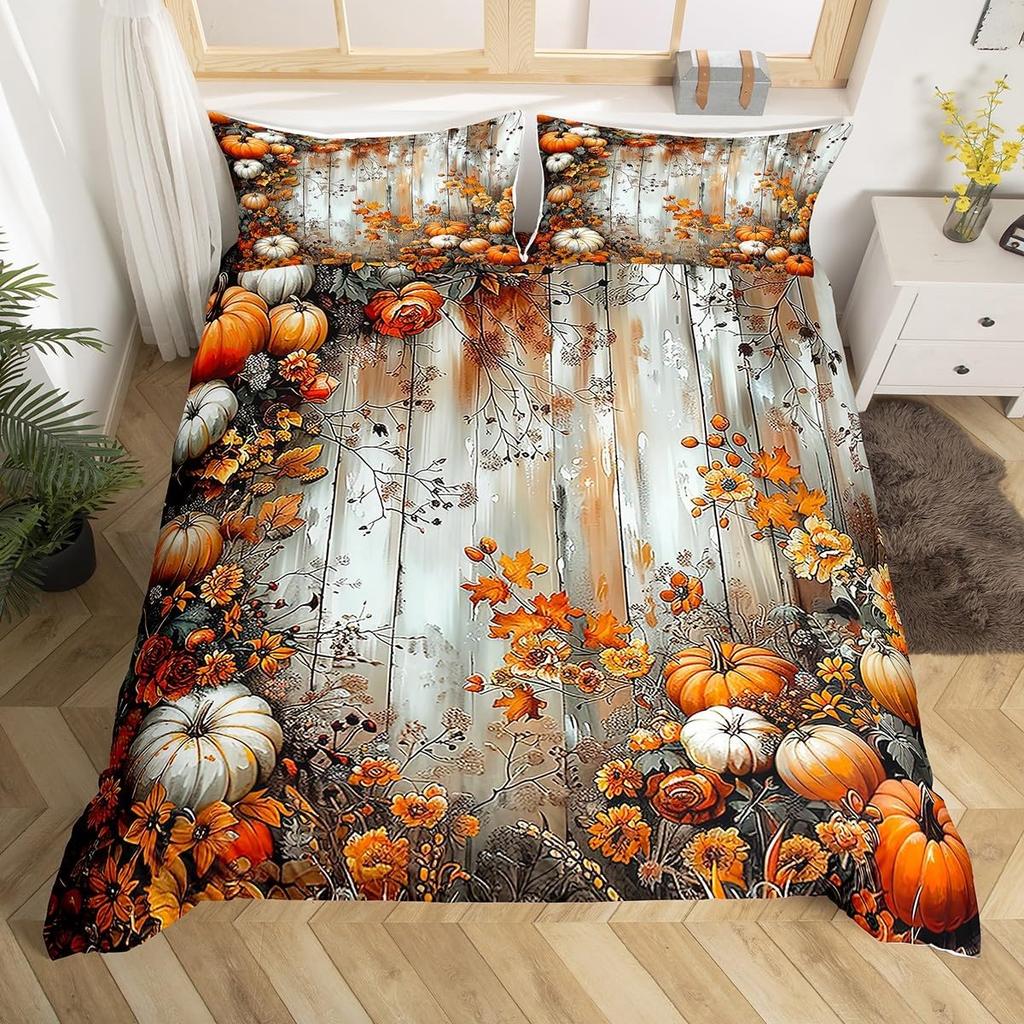 Fröhliches Thanksgiving BettbezugHerbsternte Kürbis Bettbezug Full King für Jungen Teenager Erwachsene Herbst Ahornblatt Bettwäsche-Set