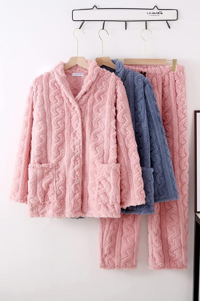 Fluffy Pajamas Striped Fluffy Flannel Warm Fluffy Room Wear Loungewear Sleepwear Gift Day Salmon Women's Autumn/Winter Mother's (L, Pink)