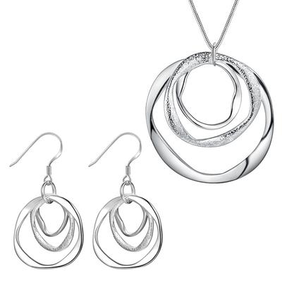 Silver Plated Necklace Set S925 Silver Earring Set S925 Silver Plated Jewelry Girl Hanging Three Ring Geometric Earring Necklace Set