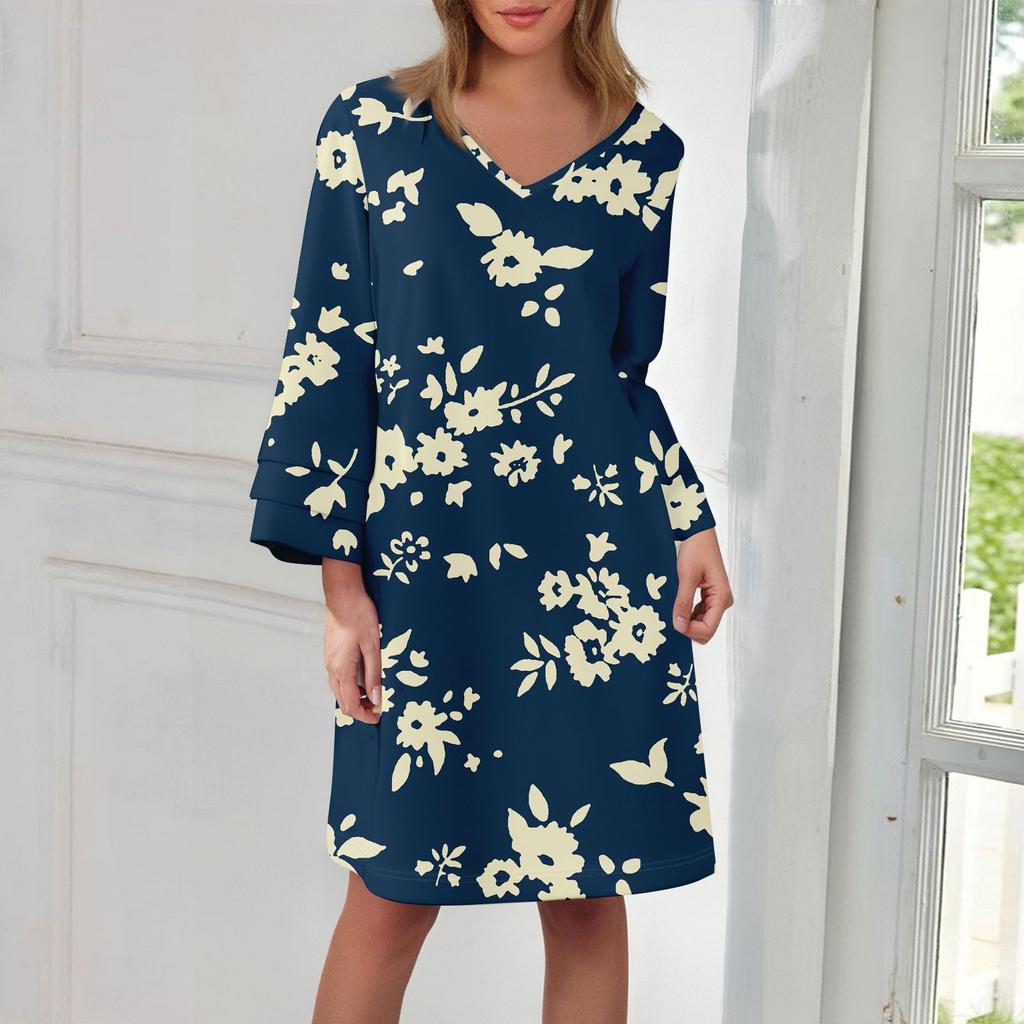 Women's  Fashion V-neck Solid Color Large Size Loose Long Large Swing 3/4 Sleeved Dress