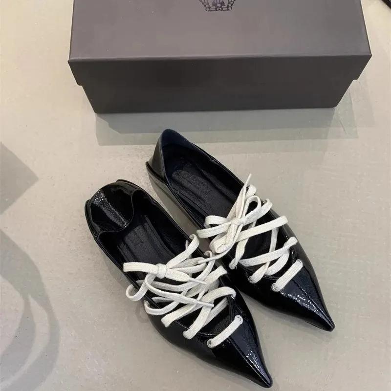 Two-Way Wear Sharp Head Bright Leather Shoelace French Retro Slip-On Small Single Shoes Spring Autumn Season Ladies Casual Shoes