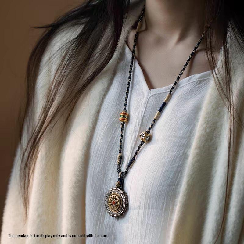 Tibetan Style Woven Thangka Pendant Necklace with Buddha Amulet and Six-Syllable Mantra.