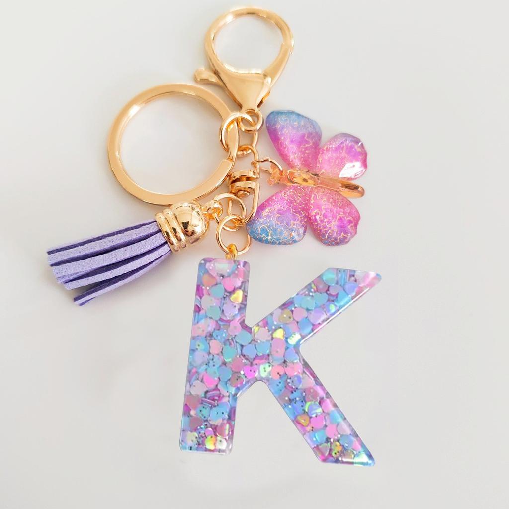 Fashion butterfly fringe initial keychain Drop glue Blend sequin A-Z26 letter keychain Cute Ladies Student Bag Accessory Gift