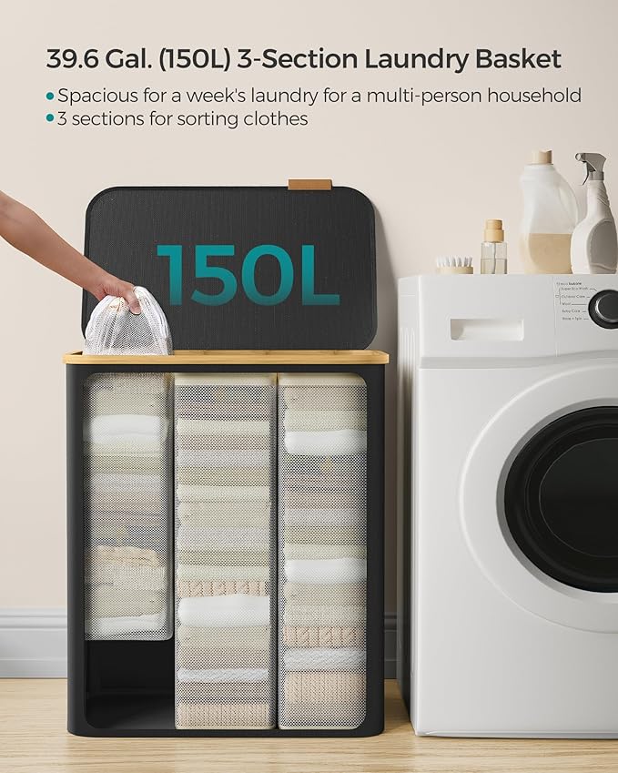 SONGMICS Laundry Basket with Lid, 3-Section Large Laundry Hamper, 150L, Removable Mesh Liner, Oxford Fabric, Bamboo Handles, Collapsible