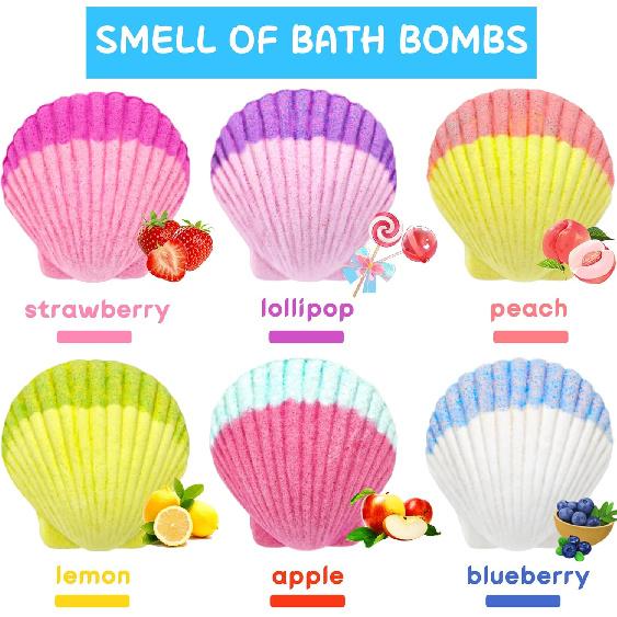 Mermaid Bath Bombs for Kids Girls with Surprise Inside, 6 Pcs Natural Fizzy Princess Fun Shell Bubble Bath Bomb Kit with Jewelry Toys, Christmas