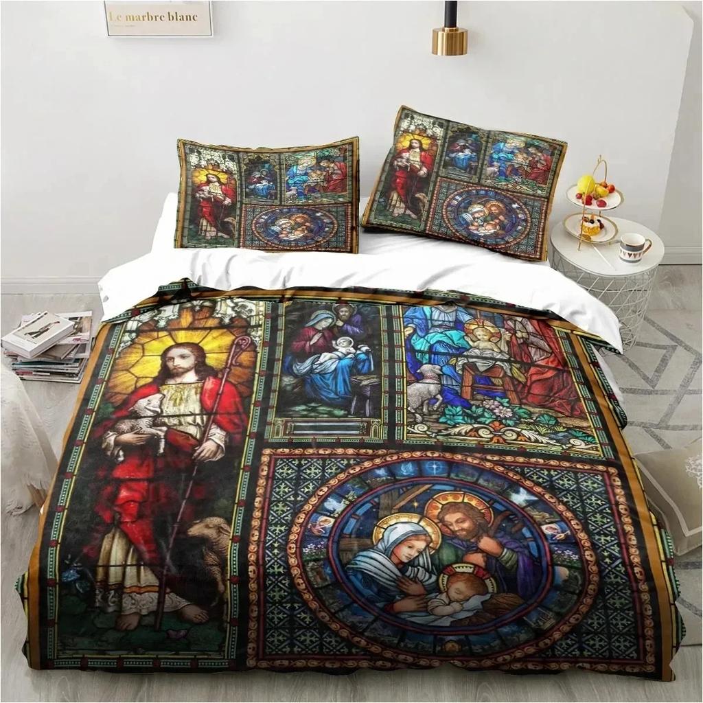 Set di biancheria da letto religiosa cristiana con scritta Jesus Christ Church Mary, copripiumino, set di copripiumino, federa, trapunta king size queen size