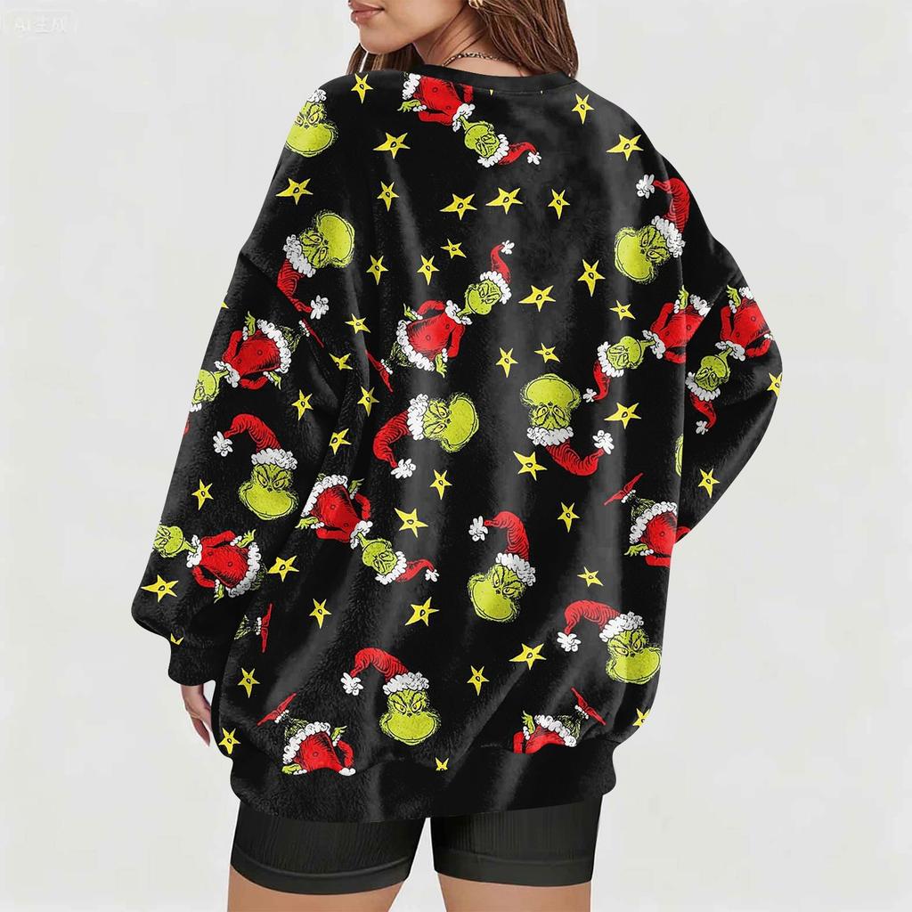 Damen Modischer V-Ausschnitt Weihnachten Bedruckt Langärmlig Lässiger Pullover Plüsch Warm Tasche Sweatshirt Oberteil