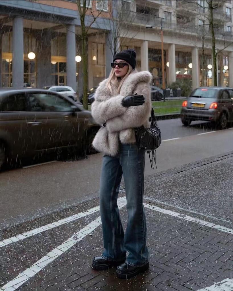 Palton de damă de înaltă calitate din blană ecologică cu rever mare – Stil celebritate inspirat de blana de vulpe