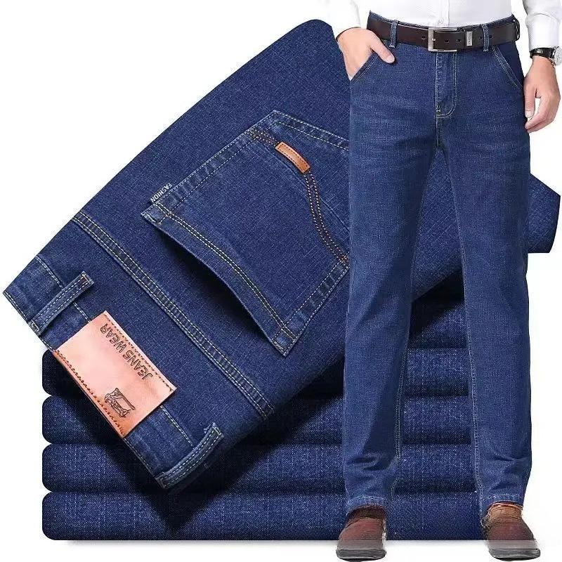 Men's Thick Elastic Straight-Leg Jeans for Autumn/Winter - Casual Slim Fit for Middle-Aged Business Style
