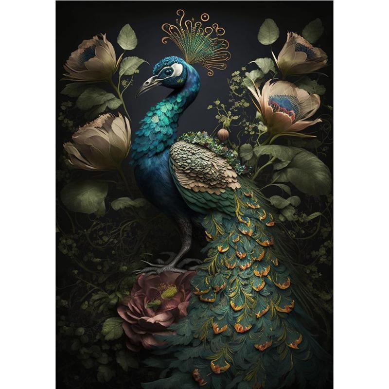 Vintage Animals In the Jungle, Flowers, Canvas, Painting, Poster Printing, Peacock, Tukan, Parrot, Elephant, Monkey, Wall Painting