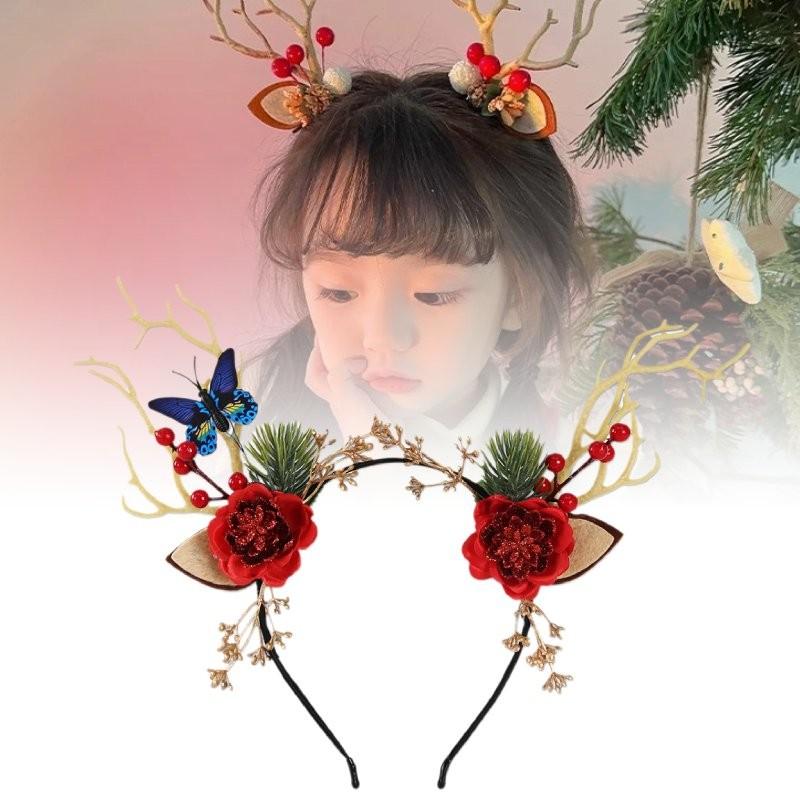 Enchanting Forest Style Antler Headband With Faux Flowers For Christmas Celebrations