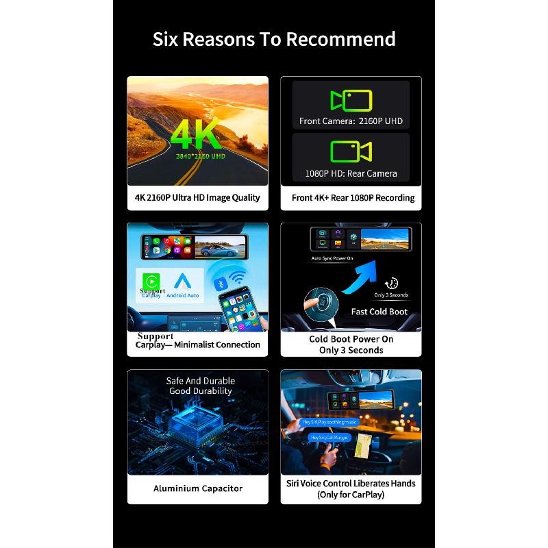 12" Wifi Dash Cam Rearview Mirror Dvr Video Recorder Dual Lens Support Carplay