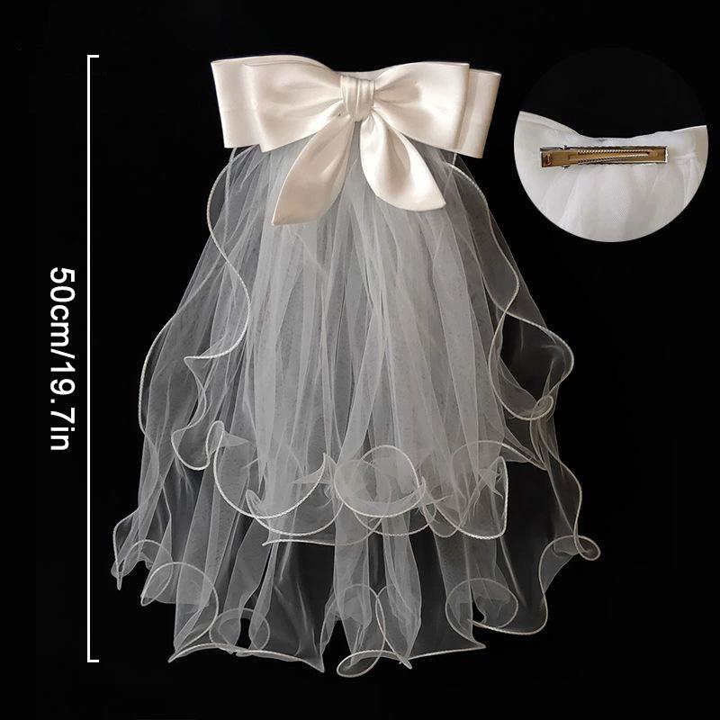 1 pièce Voile de mariée court bord dentelle Élégant nœud Perle Accessoires de mariage Double couche Tulle blanc pour femmes