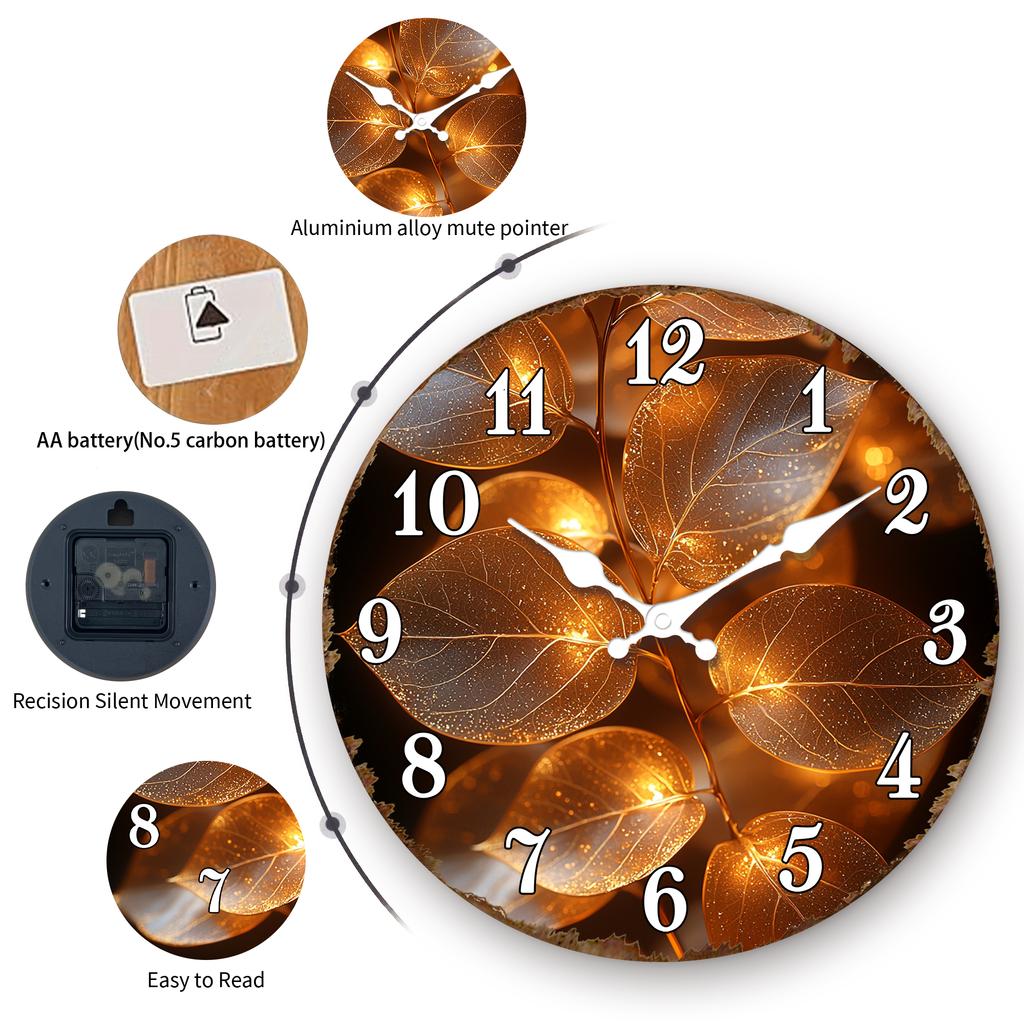 Golden Autumn Leaves Round Wall Clock: Warm Seasonal Decor for Fall-Inspired Interiors and Dining Rooms