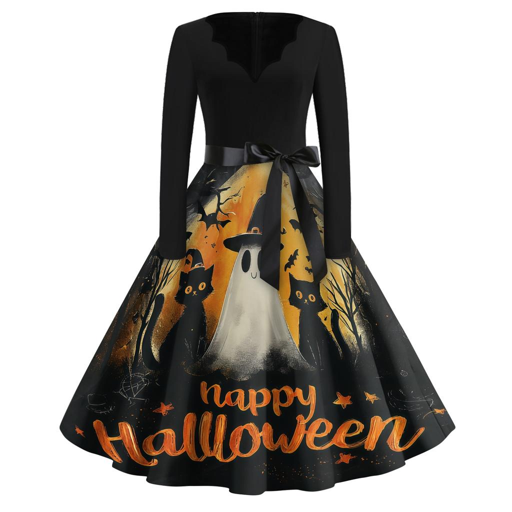 Women Casual Vintage V Neck Dress Halloween Printed Long Sleeve Fit Flare Midi Dress with Waist Tie for Seasonal Wear