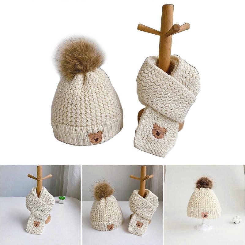 Adorable Bear Children's Scarf and Hat Set Warm Neck Warmer Fall/Winter Knit Hat Accessory Christening Gift For Boys and Girls Ages 1-5