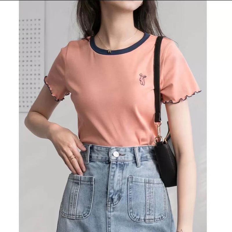 

Women s 2020 Retro Japanese Style Embroidered Rabbit Color Block T-shirt One Size белый