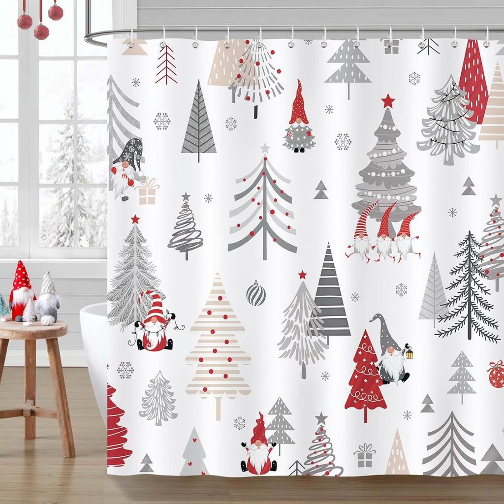 GAEChristmas Shower Curtain, Red Gnomes Xmas Tree Snowflake Winter Holiday Bathroom Decor Polyester Fabric Waterproof Bath Cur