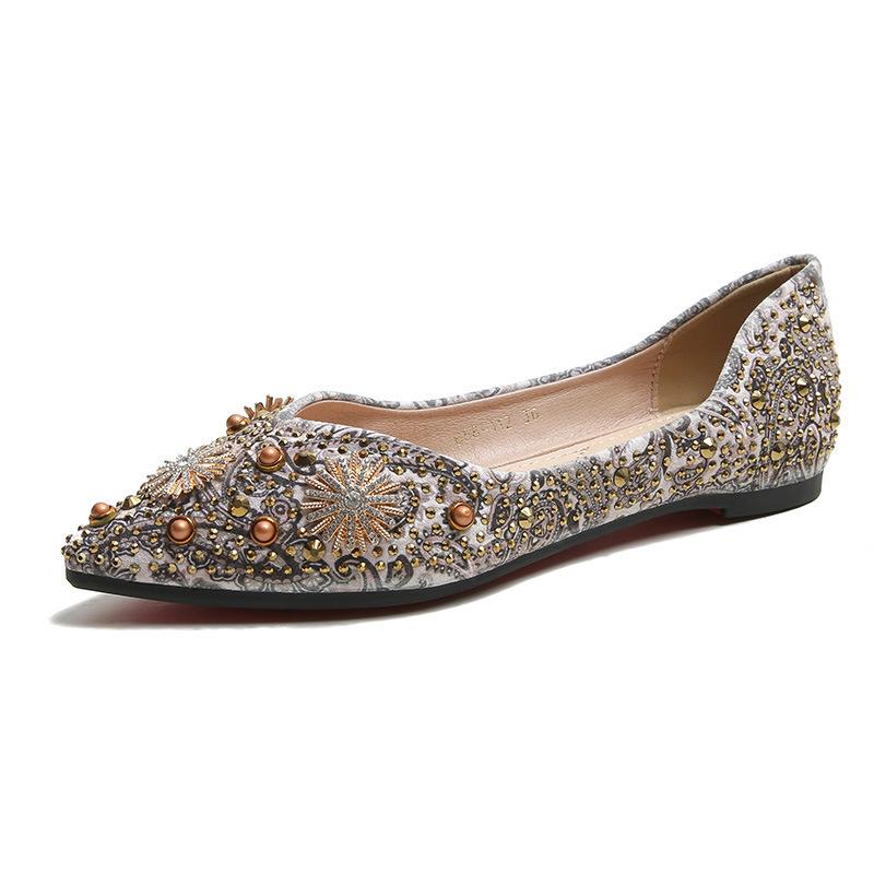 Single shoes women's summer new rhinestone metal printing shallow mouth pointed flat bottom women's shoes one