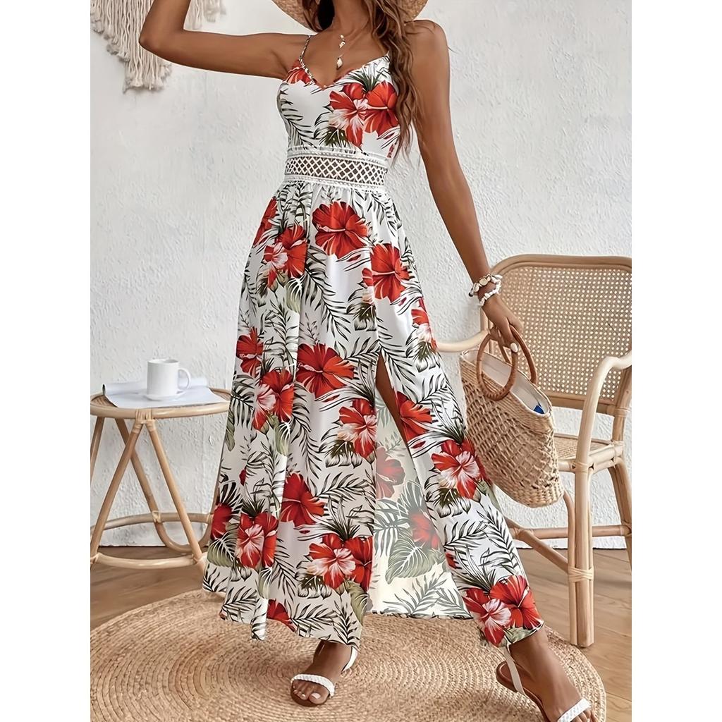 Damenkleid, Bedruckt, Träger-V-Ausschnitt, Häkelstich, Schlitzkleid, Geblümt, Bedrucktes Kleid