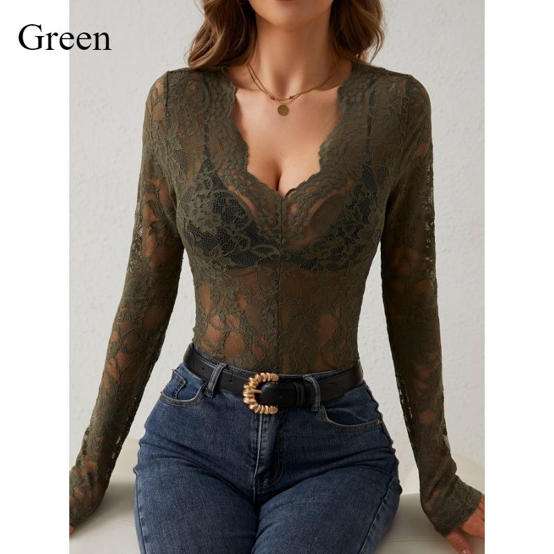 Sexy košile s výstřihem do V pro ženy Podzim a zima Nová krajka Jednovrstvá Pohodlné zeštíhlující Dlouhý rukáv Uvnitř topu