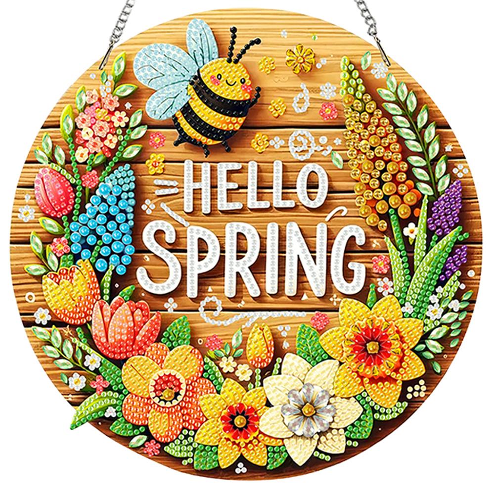 Acrylic Special Shape Hello Spring 5D DIY Diamond Painting Dots Pendant Diamond Painting Hanging Pendant for Garden Window Decor