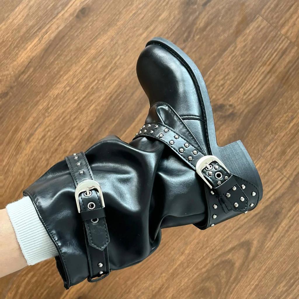 Sweet and cool style black rivet belt buckle medium tube boots women's new thick heel heightening fashion boots versatile locomotive boots