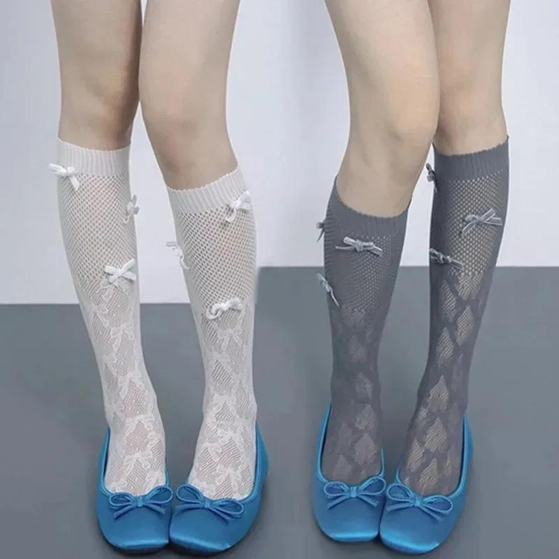 Hollow Out Bow Design Stacking Fishnet Socks Mid Calf Lace Stockings Bow Fishnet Mesh Socks for Women Kawaii Y2K Street Style