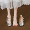 Square Head French Silver High-heeled Mary Jane Shoes One-button Rhinestone Thick-heeled Single Shoes for Female High School Students, Beautiful High
