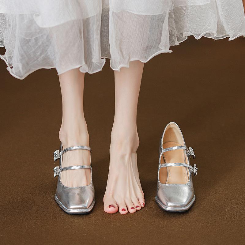 Square Head French Silver High-heeled Mary Jane Shoes One-button Rhinestone Thick-heeled Single Shoes for Female High School Students, Beautiful High