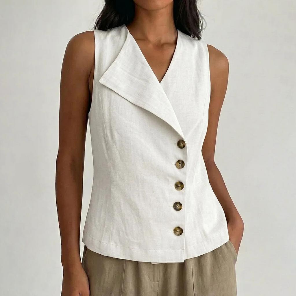 Women's Linen Blend Sleeveless Vest Top, Asymmetric Collar Button Down Blouse, Casual Summer Tank Top