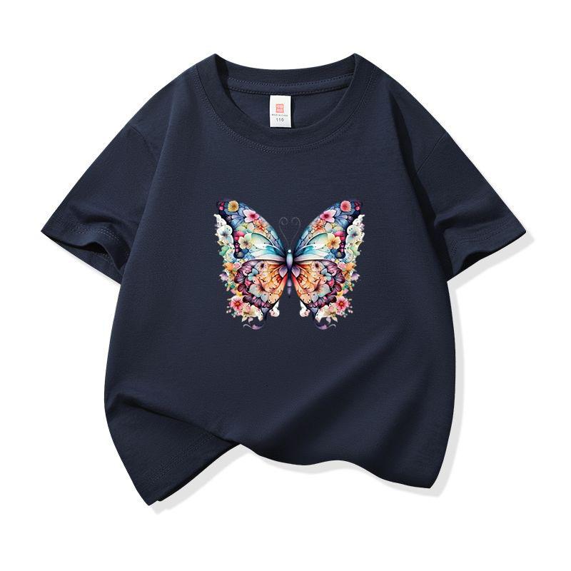 Kids Cotton T Shirt Colorful Floral Pattern Butterfly Print Crew Neck Short Sleeve Tee Casual Boys Girls Summer Tops