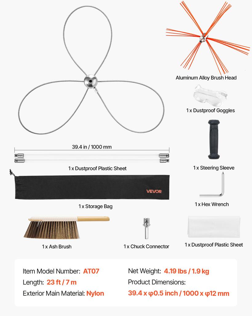 VEVOR Chimney Sweep Kit, 7m Maximum Extendable Length Chimney Brush, Chimney Cleaner Sweeper with Dual Brush Heads, Brush & Goggles
