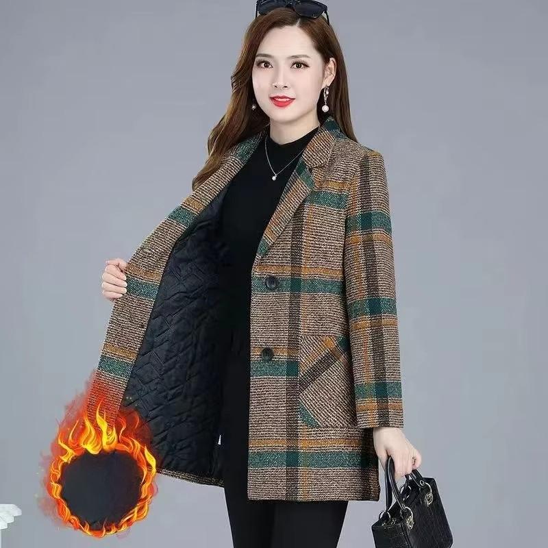 Mother's Clothing Plaid Woolen Jacket 5xl Autumn Winter Female Thicken Slim Middle Length Outwear Korea Women's Casual Wool Coat