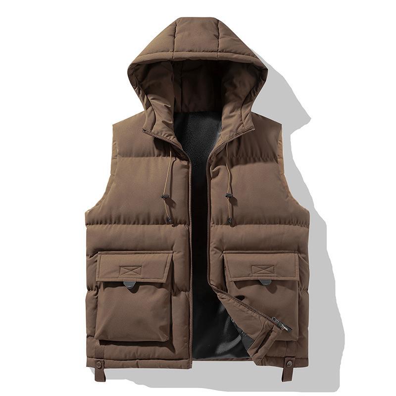 Men's Winter Trend Wear Loose Thick Down Cotton Clip Multi-pocket Solid Color Casual Hooded Vest Coat