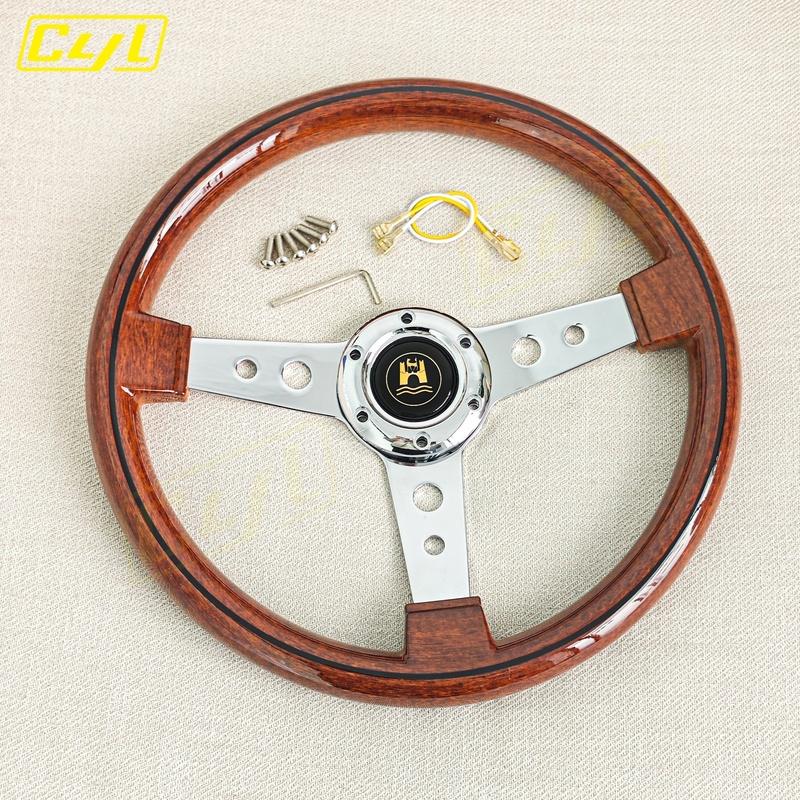 JDM 340mm Classic Wood Style Steering Wheel Chrome Spoke Vintage Sports Steering Wheel