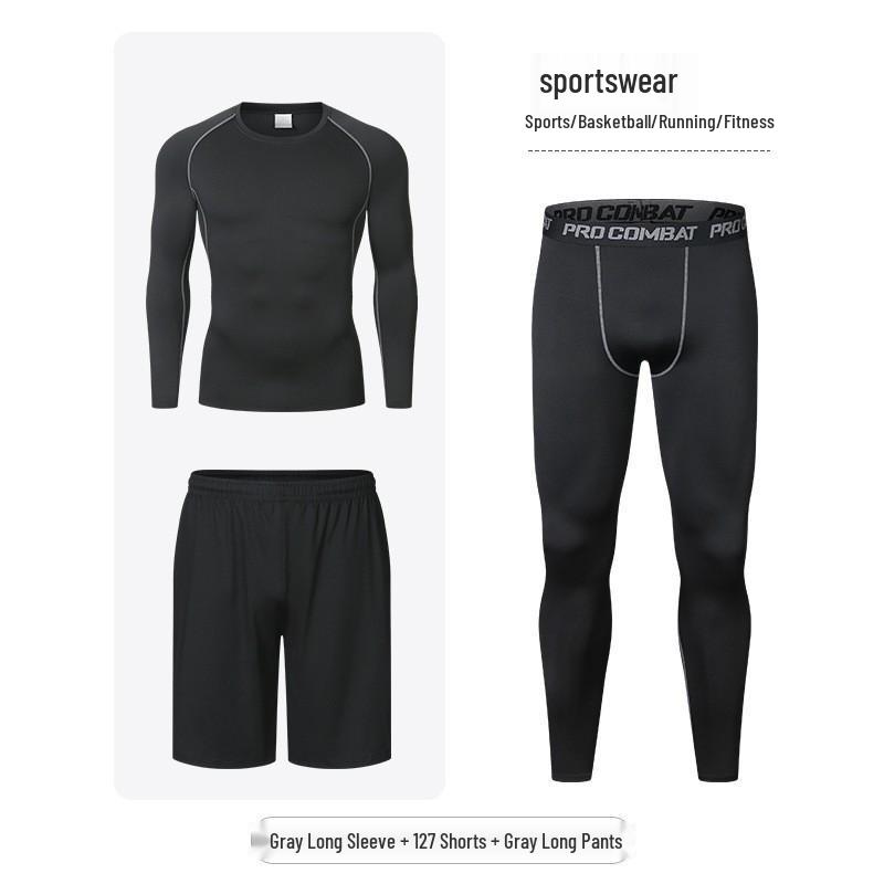 Men's Quick-Dry Sports Suit: Tight-Fitting Running & Basketball Three-Piece Set (Breathable Long Sleeve Top & Pants)