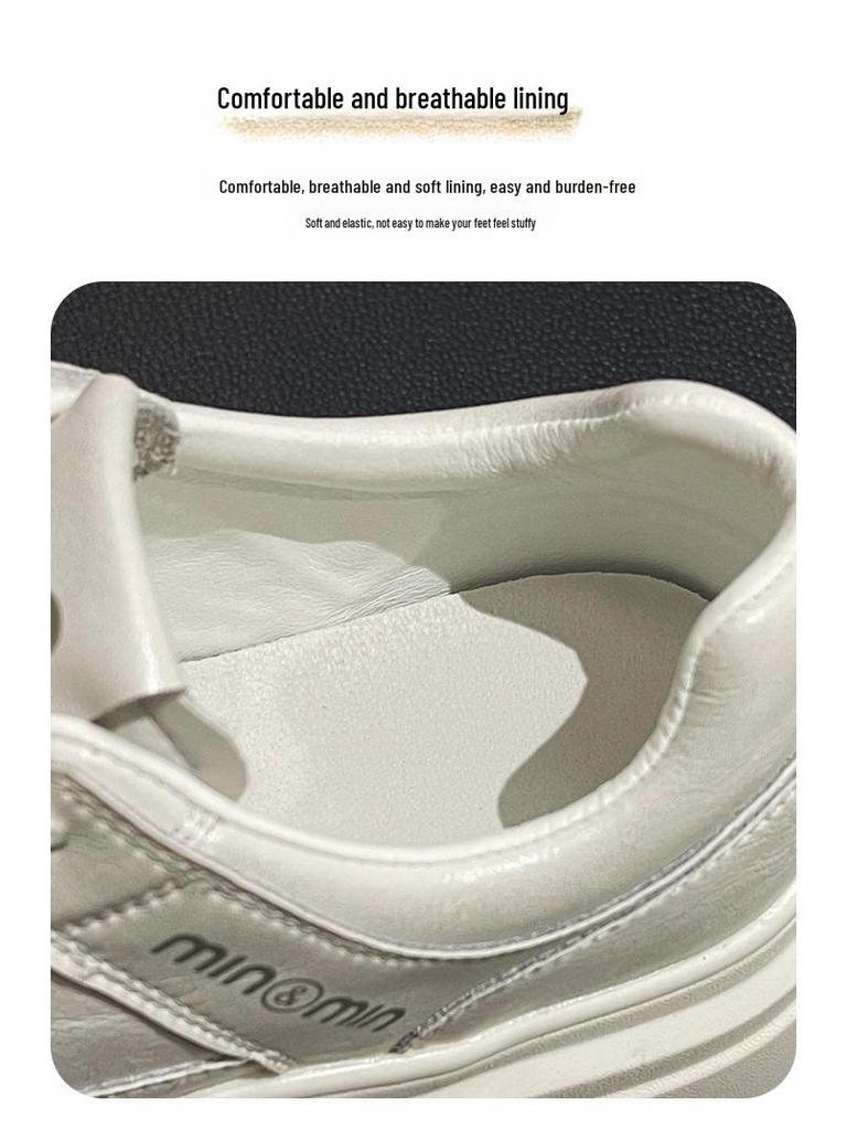 Women's Trendy White Genuine Leather Platform Sneakers - 2025 Spring/Autumn - Height-Enhancing, Thick-Soled, Lace-Up, Street-Style