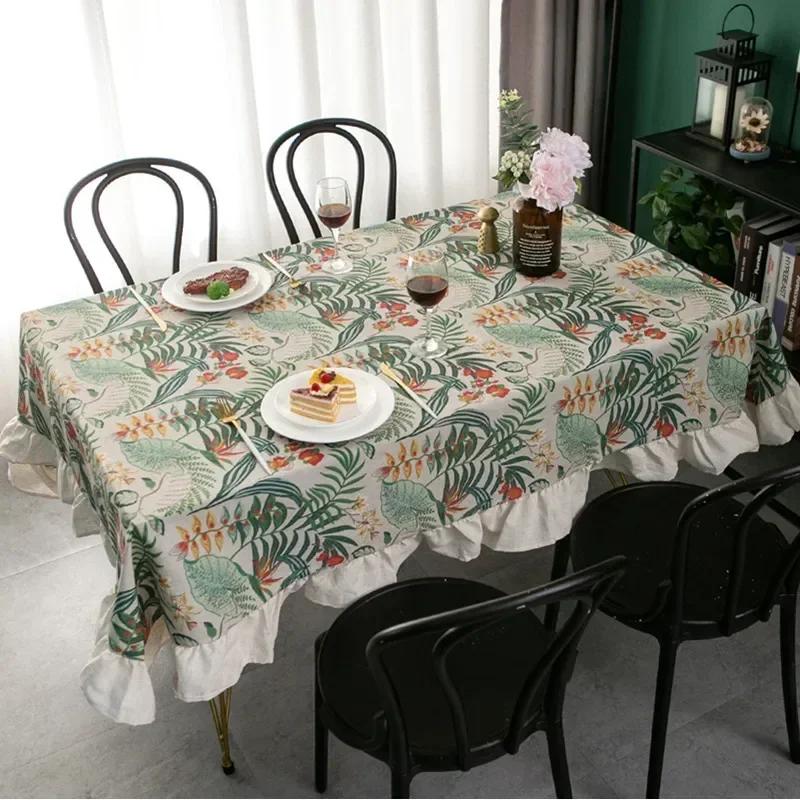 Green Plant Pattern Flounces Tablecloth Rectangular Round Cotton Linen Dustproof Tabletop Cover Restaurant Decorative Tablecloth