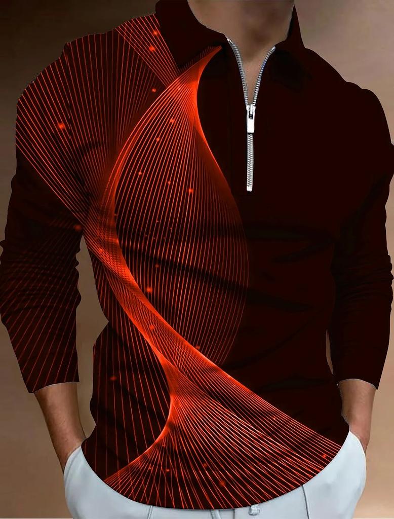 Light Blue Long Sleeve Polo Shirt Men's Casual Button-Up Shirt with Zipper Collar & Chest Pocket Regular Fit Spring/Fall Apparel