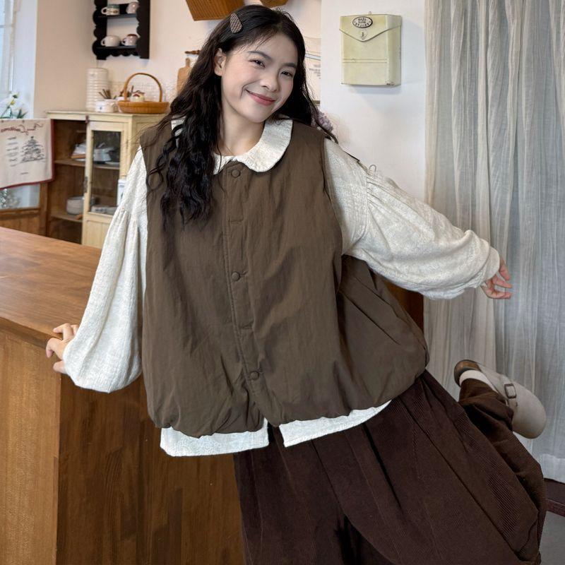 Plus-Size Women's Clothing 2026 Korean Style Doll Collar Jacquard Shirt + Versatile Quilted Vest + Corduroy Pants Set