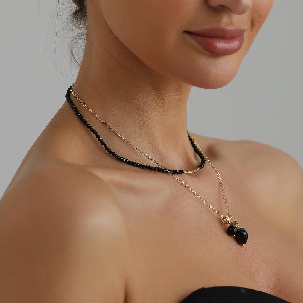 Fashion Vintage Sexy Ceramic Heart Pendant Necklace for Women Female Boho Geometric Baroque Double-layer Crystal Chain Jewelry